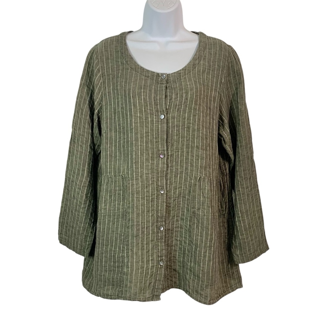 PUREJILL Striped Linen Button Up Top w/ Pockets Sz M